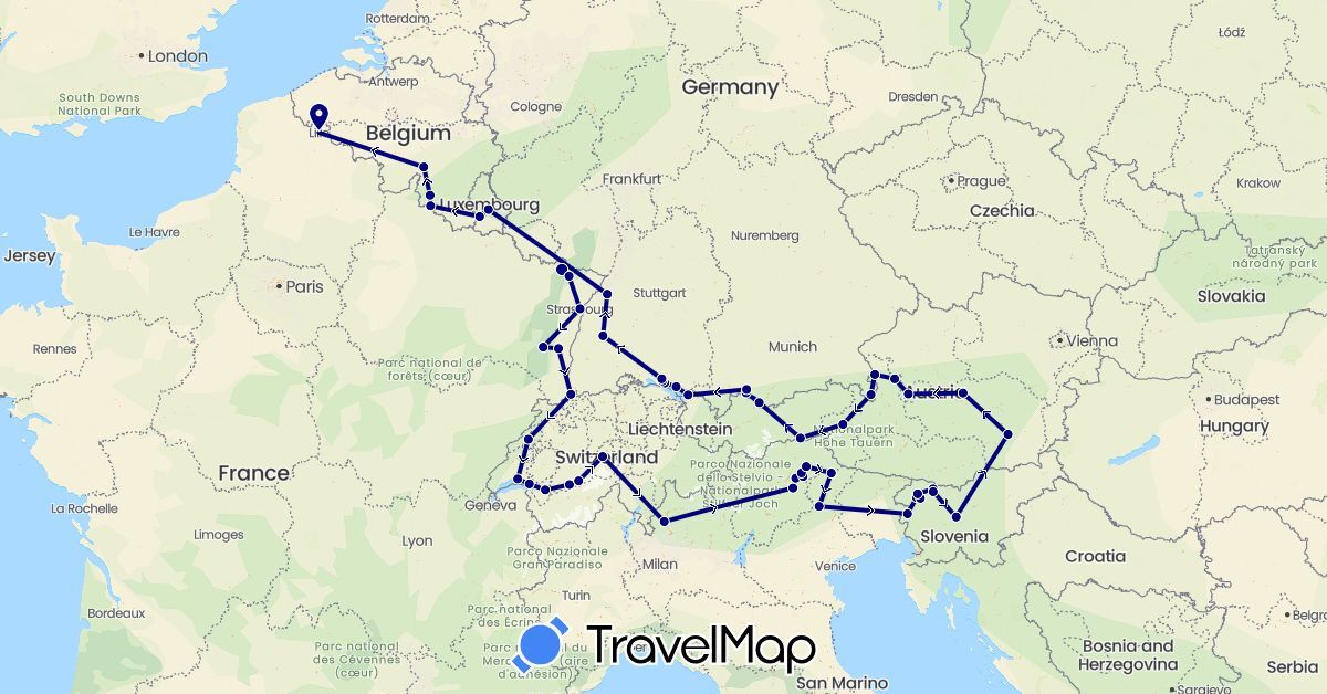 TravelMap itinerary: driving in Austria, Belgium, Switzerland, Germany, France, Italy, Luxembourg, Slovenia (Europe)
